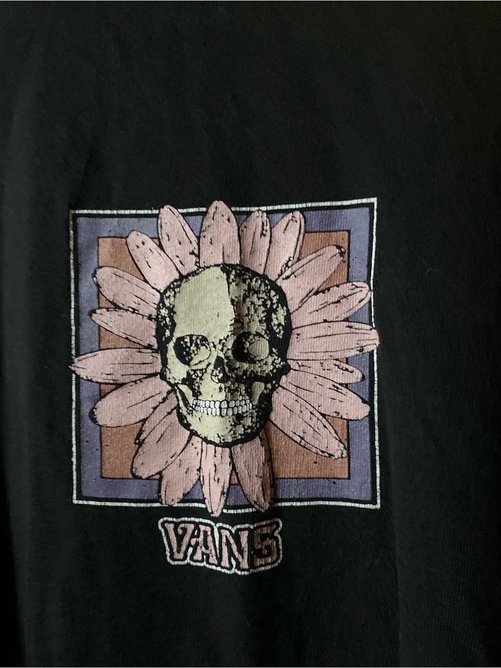 Vans Black Tee with Skull & Pale Pink Daisy Graphic